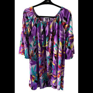 Dear Scarlett Purple w/ Flowers 3/4 Sleeve Size M Tunic Bathing Suit Cover Loose